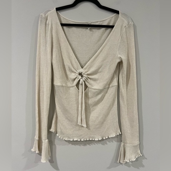 Free People Say When Long Sleeve Top Waffle Weave Cream Metallic Gold Size L - Picture 6 of 10